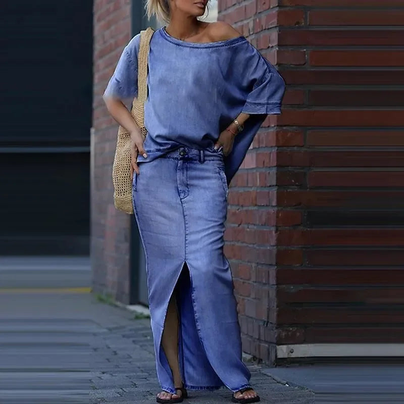 Conjunto Capri Bleu™ com Blusa Assimétrica  e Saia em Jeans Leve