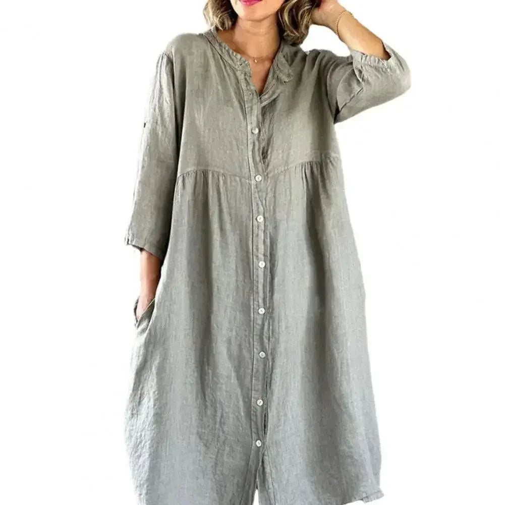 [COMPRE 1 E LEVE 2] Vestido Savannah Breeze™ em Linho de Algodão com Botões Frontais / Elegância Tropical com Leveza e Sofisticação!