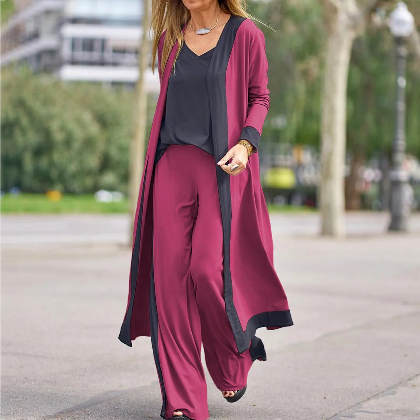 Conjunto Seravelle™ com Cardigan Longo, Blusa de Decote em V e Calça Pantalona / Três Peças Para Um Visual Completo e Refinado