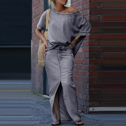 Conjunto Capri Bleu™ com Blusa Assimétrica  e Saia em Jeans Leve