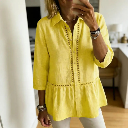 Camisa Fiorelly™ Com Gola Clássica, Detalhes Vazados E Barra Ampla / Leveza Com Toque Artesanal