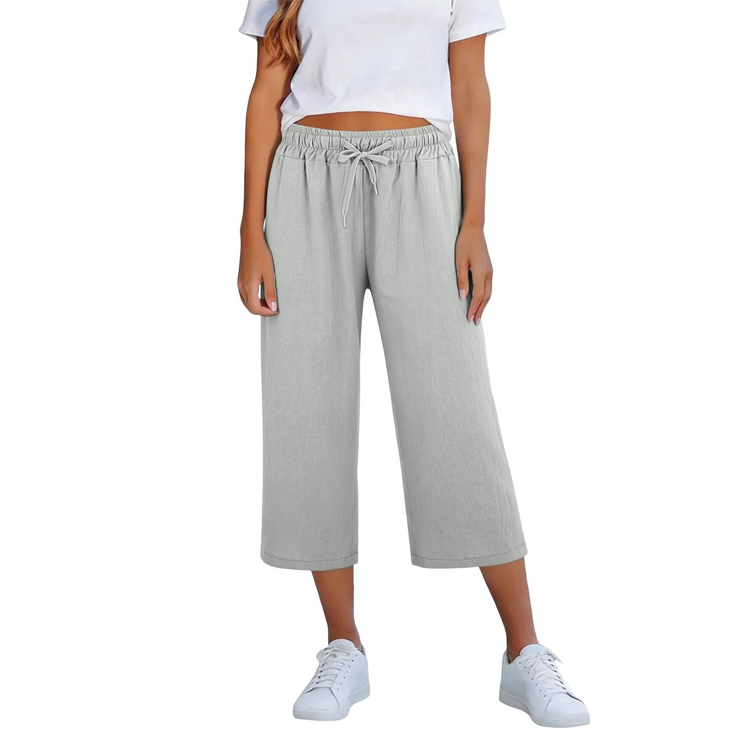 Calça Lisia™ Pantacourt em Linho de Algodão com Cintura Elástica e Cordão Ajustável / Conforto Leve Para Usar Todos Os Dias!
