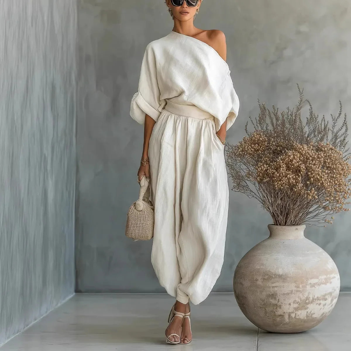 Conjunto Linnea™ com Blusa de Um Ombro Só e Calça Cintura Alta com Punho na Barra