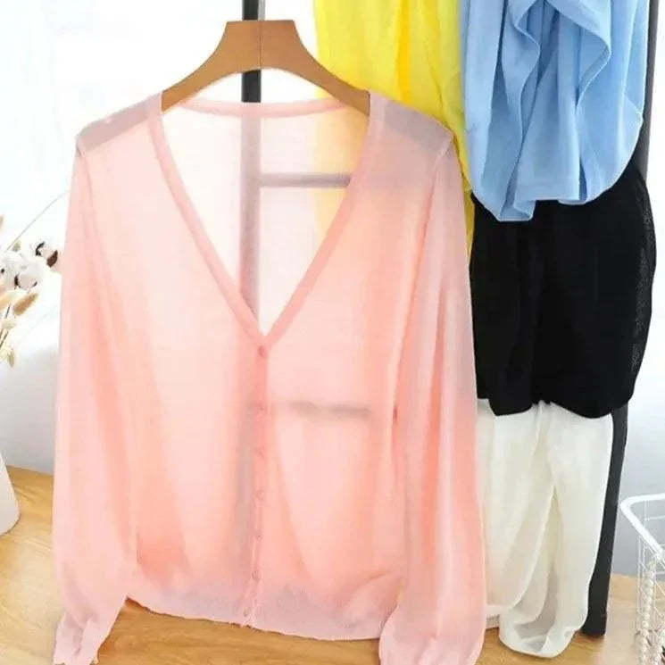 Blusinha Estilo Cardigan AmeliaSunset™ - Moda Verāo Outono com Frescor e Proteção UV