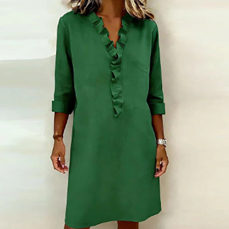 Vestido Calyra™ com Babados no Decote e Caimento Elegante