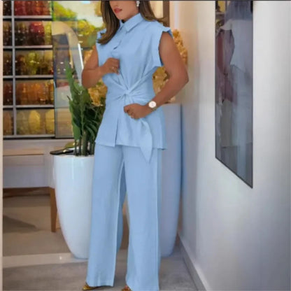 Conjunto Aurélia™ em Algodão Misto e Camisa Com Detalhe em Laço / Alfaiataria Contemporânea com Toque Feminino de Precisão!