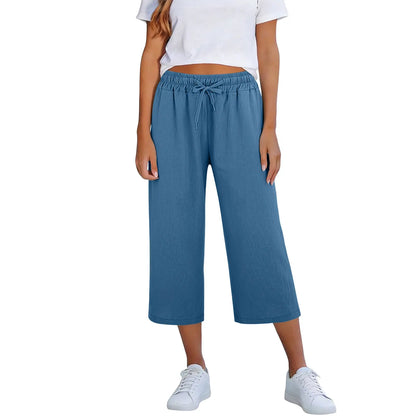 Calça Lisia™ Pantacourt em Linho de Algodão com Cintura Elástica e Cordão Ajustável / Conforto Leve Para Usar Todos Os Dias!