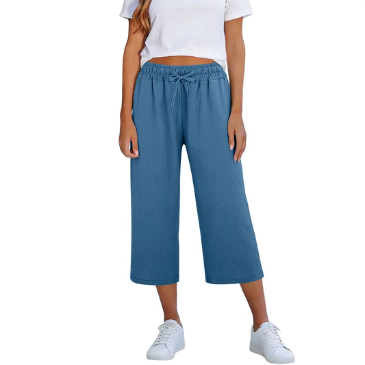 Calça Lisia™ Pantacourt em Linho de Algodão com Cintura Elástica e Cordão Ajustável / Conforto Leve Para Usar Todos Os Dias!