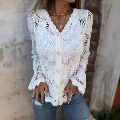 Cardigan Charlotte™ em Crochê Floral com Acabamento Artesanal Refinado