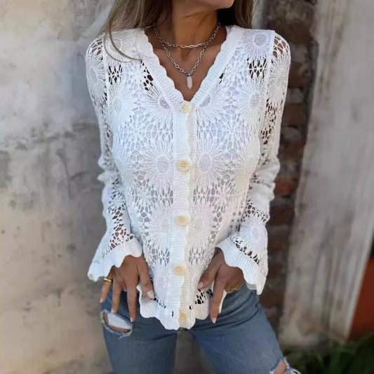 Cardigan Charlotte™ em Crochê Floral com Acabamento Artesanal Refinado