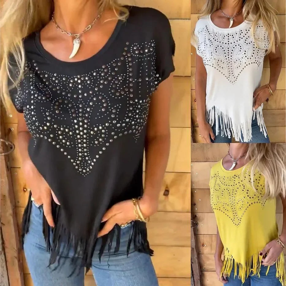 Blusa Lumivibe™ com Detalhes em Strass e Franjas Delicadas na Barra