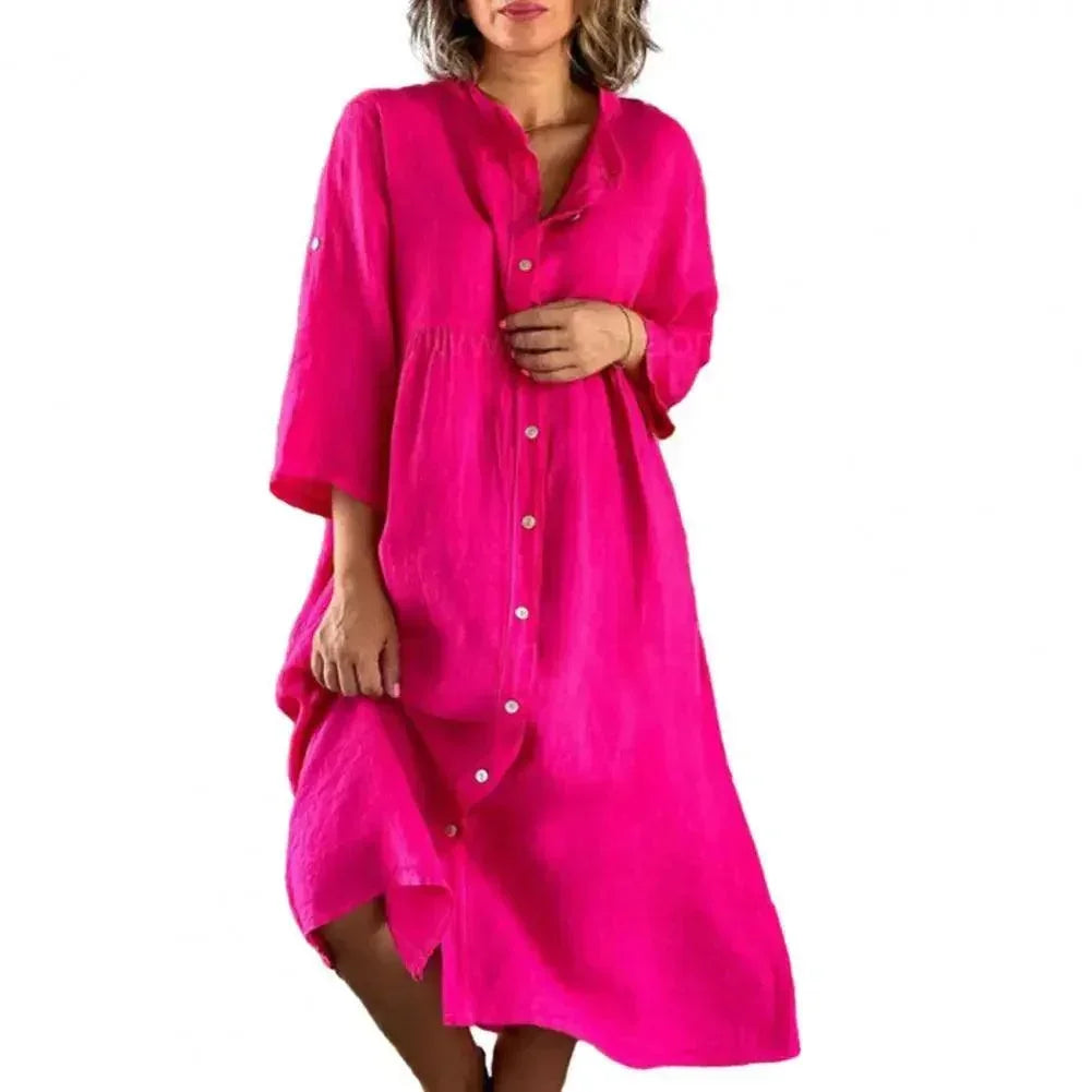 [COMPRE 1 E LEVE 2] Vestido Savannah Breeze™ em Linho de Algodão com Botões Frontais / Elegância Tropical com Leveza e Sofisticação!