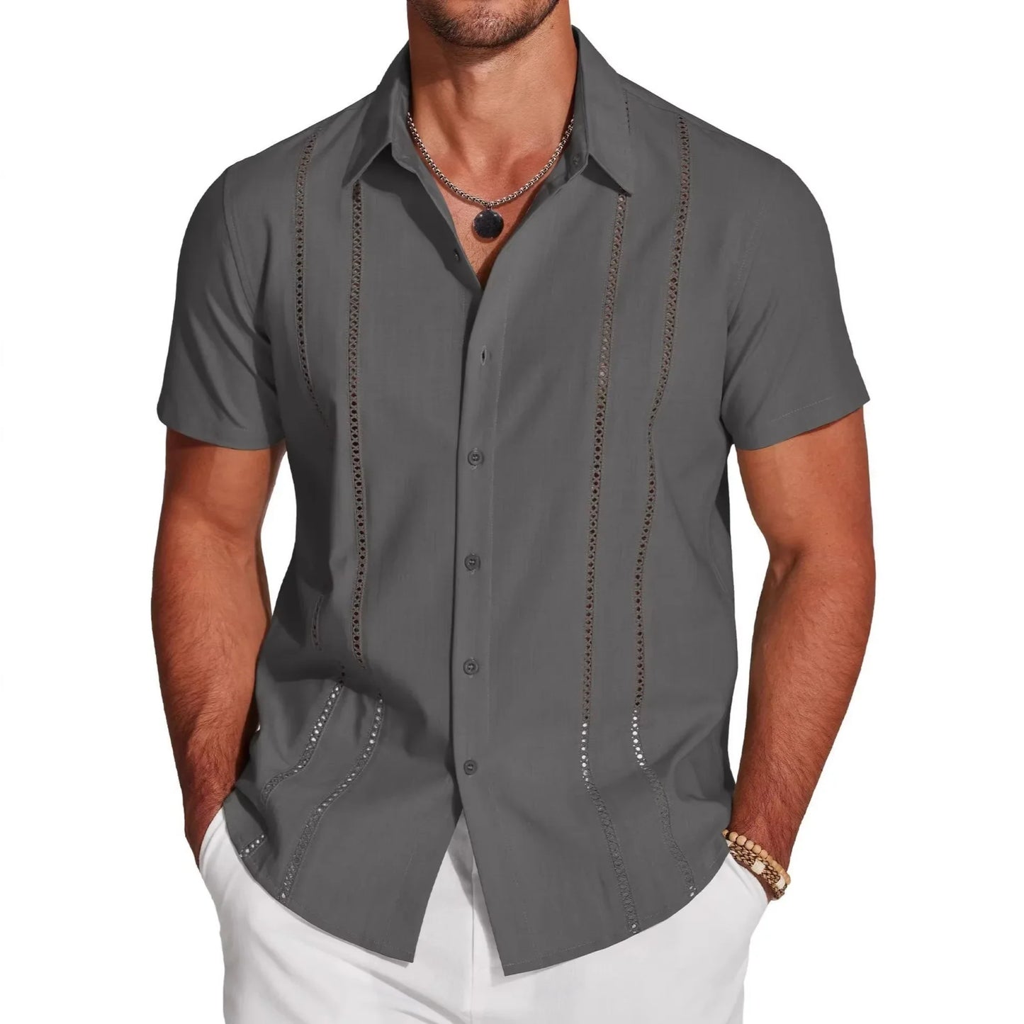 Camisa Kaedon™ com Linhas Verticais de Efeito Metálico e Visual de Alto Padrão