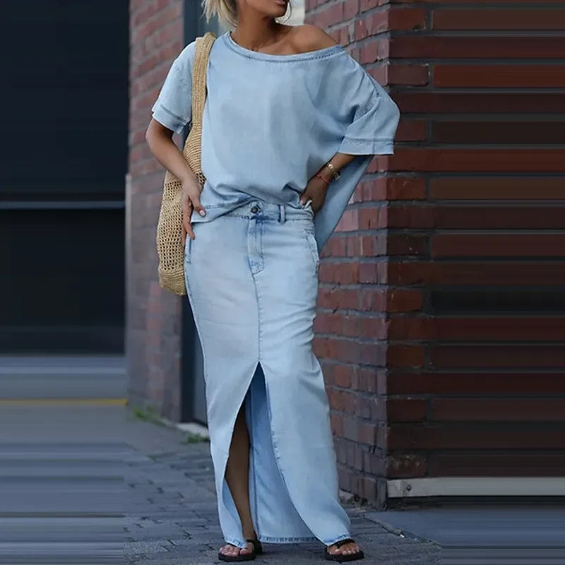 Conjunto Capri Bleu™ com Blusa Assimétrica  e Saia em Jeans Leve