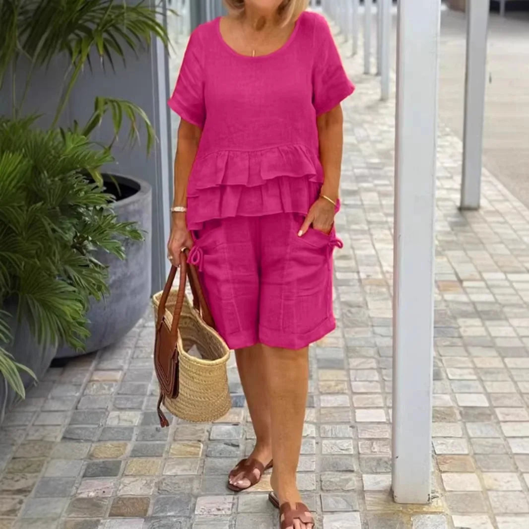 Conjunto Sorella™ Com Blusa De Babados Em Camadas E Bermuda Com Bolsos / Leveza Que Valoriza A Rotina