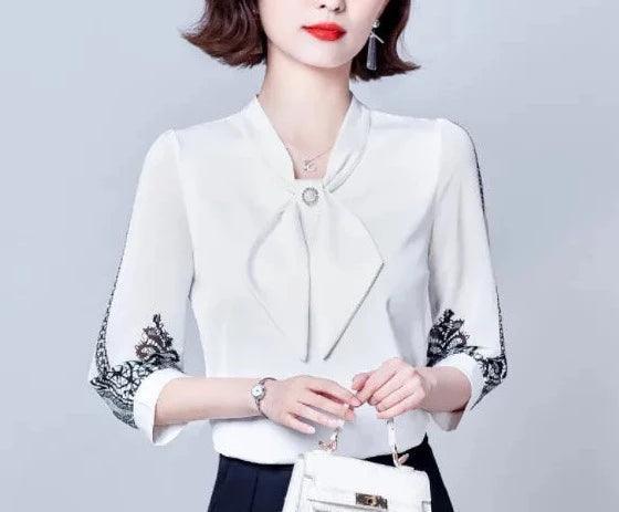 Blusinha Adele™ Em Chiffon com Laço - Elegância da Moda Urbana na Primavera e Verão de 2024.