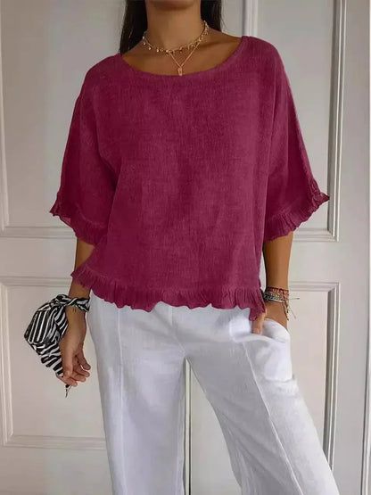 [BLACK FRIDAY - COMPRE 2 E LEVE 3] Blusinha Bellatriz™ com Babado e Caimento Solto em Algodão/ Conforto e Estilo para Mulheres Modernas!