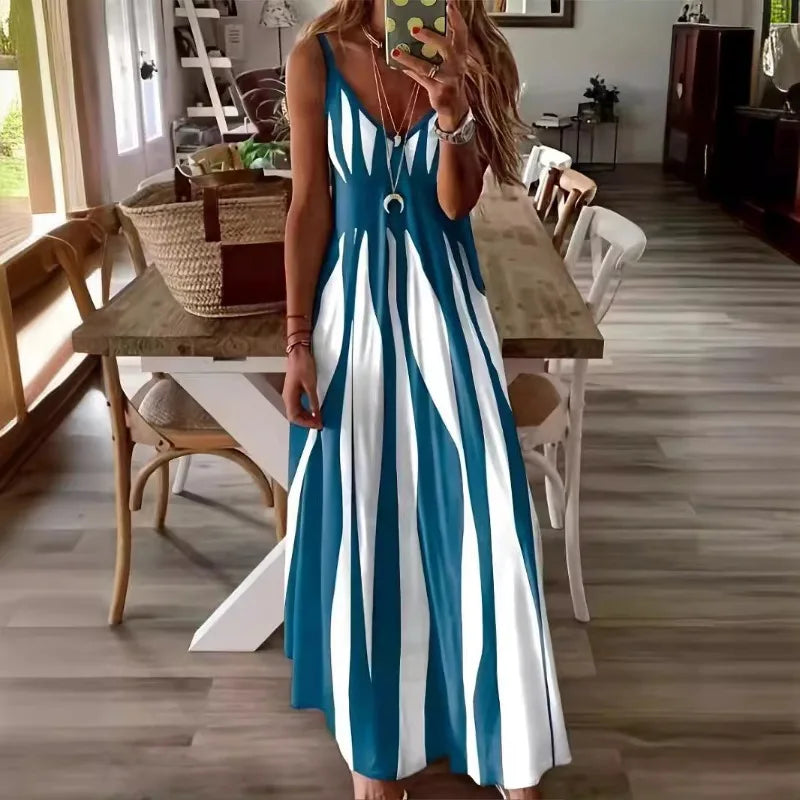 Vestido Calenna™ com Listras Verticais e Decote V
