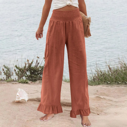 Calça Amaris™ em Linho com Algodão, Cintura Alta Modeladora e Babados Delicados