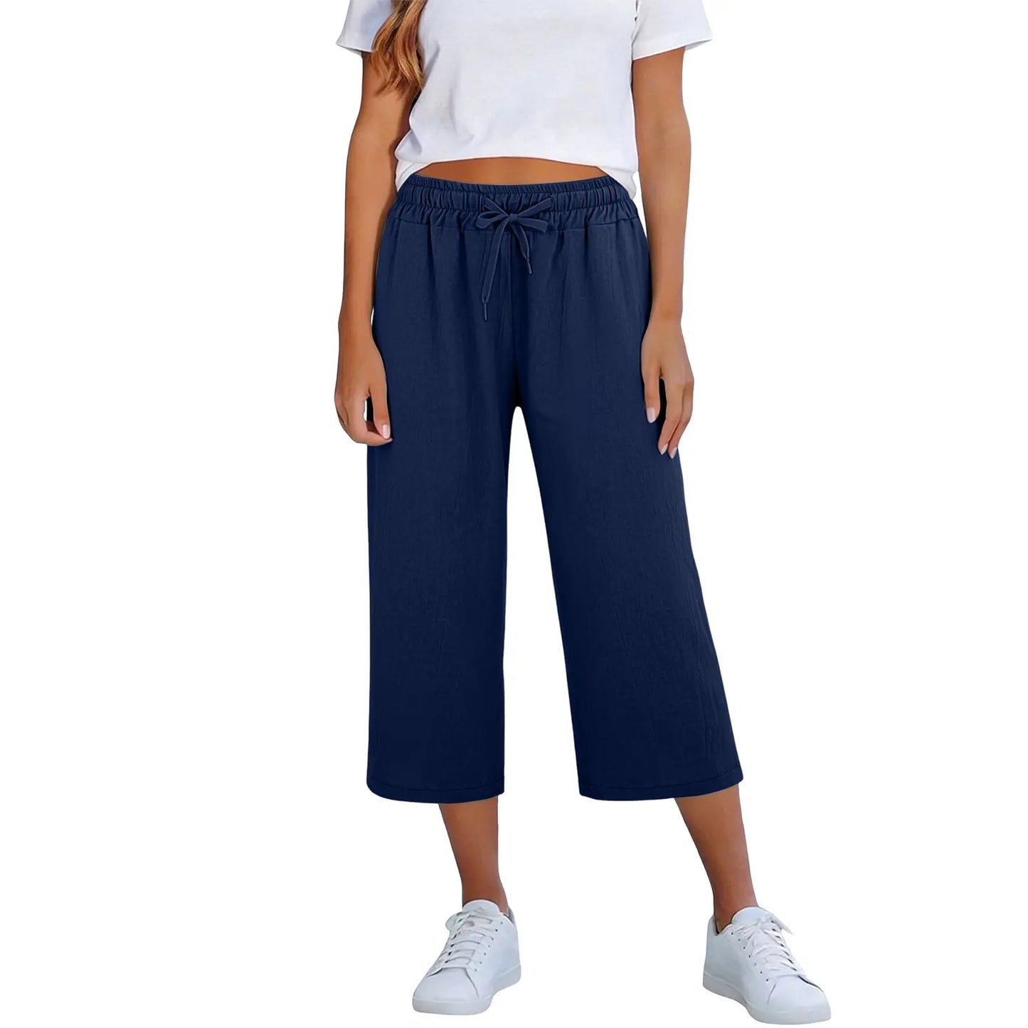 Calça Lisia™ Pantacourt em Linho de Algodão com Cintura Elástica e Cordão Ajustável / Conforto Leve Para Usar Todos Os Dias!