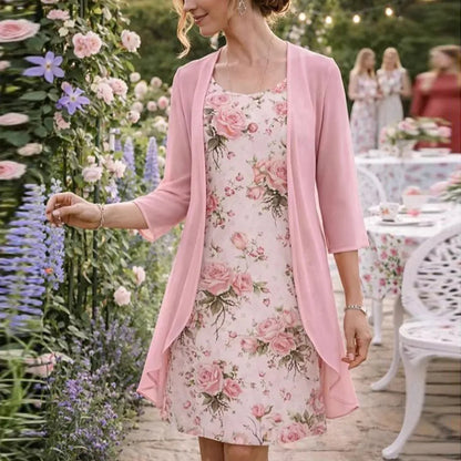 Conjunto Lorenza™ com Vestido Floral Charmoso e Cardigan Leve / Elegância Romântica Para Dias Especiais!