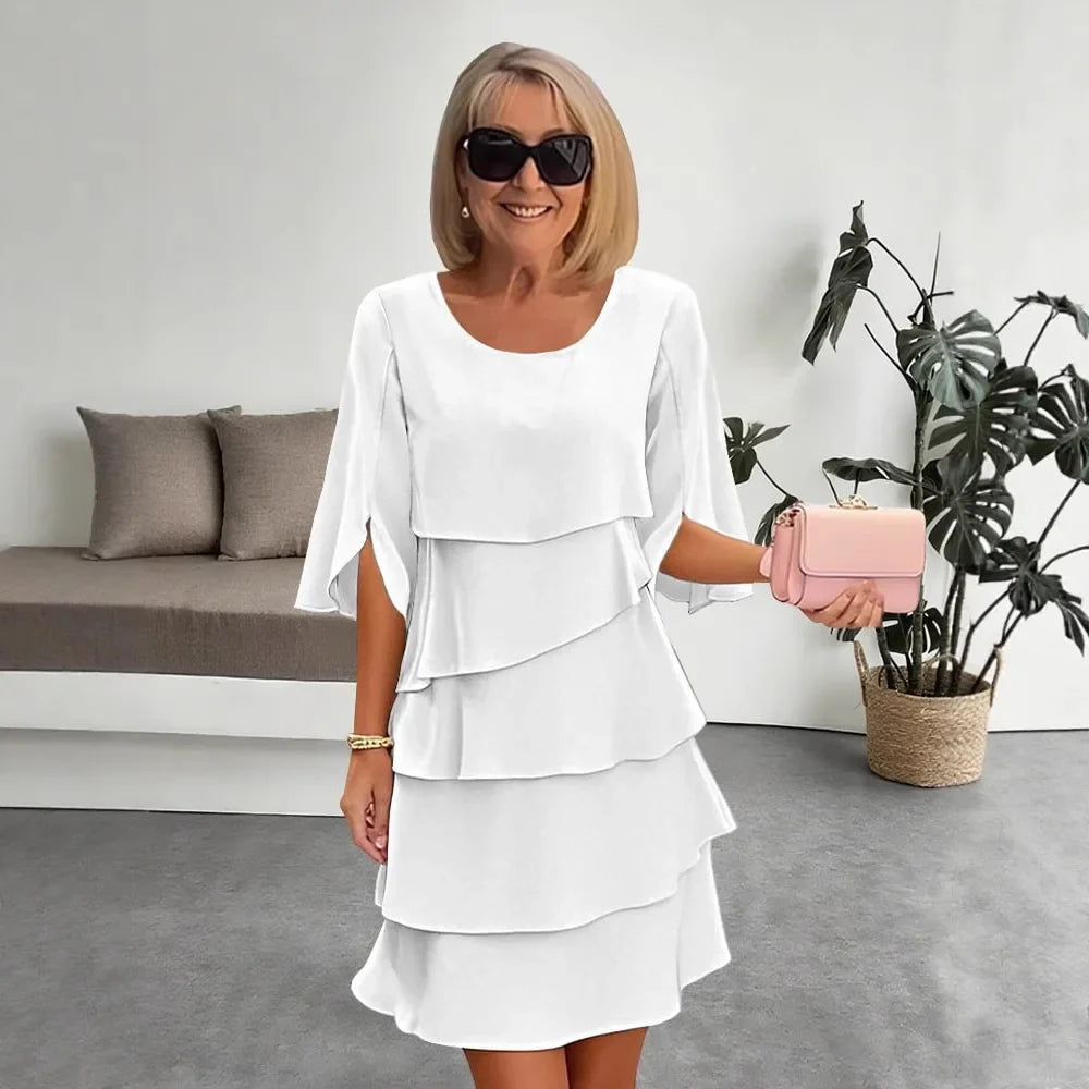 Vestido Midi Lara™ Saia em Camadas com Babados e Manga 3/4 Evasê com Fenda