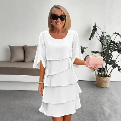 Vestido Midi Lara™ Saia em Camadas com Babados e Manga 3/4 Evasê com Fenda
