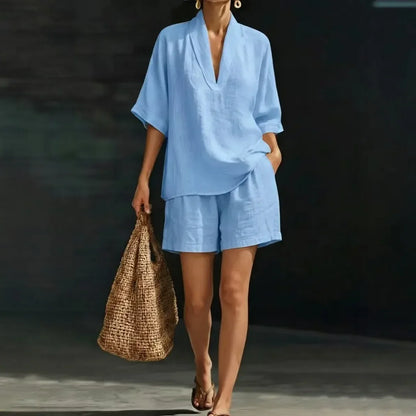 Conjunto Ayla™ em Linho de Algodão e Blusa com Decote V