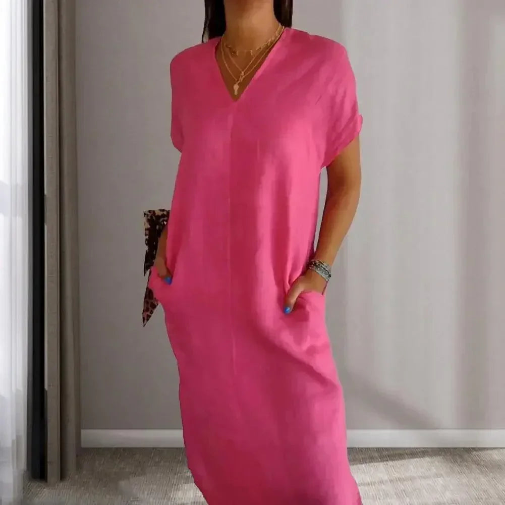 Vestido Galdino™ em Linho de Algodão /Gola em V, Laço nas Costas e Fendas que Realçam Sua Beleza!