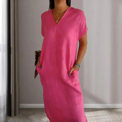 Vestido Galdino™ em Linho de Algodão /Gola em V, Laço nas Costas e Fendas que Realçam Sua Beleza!