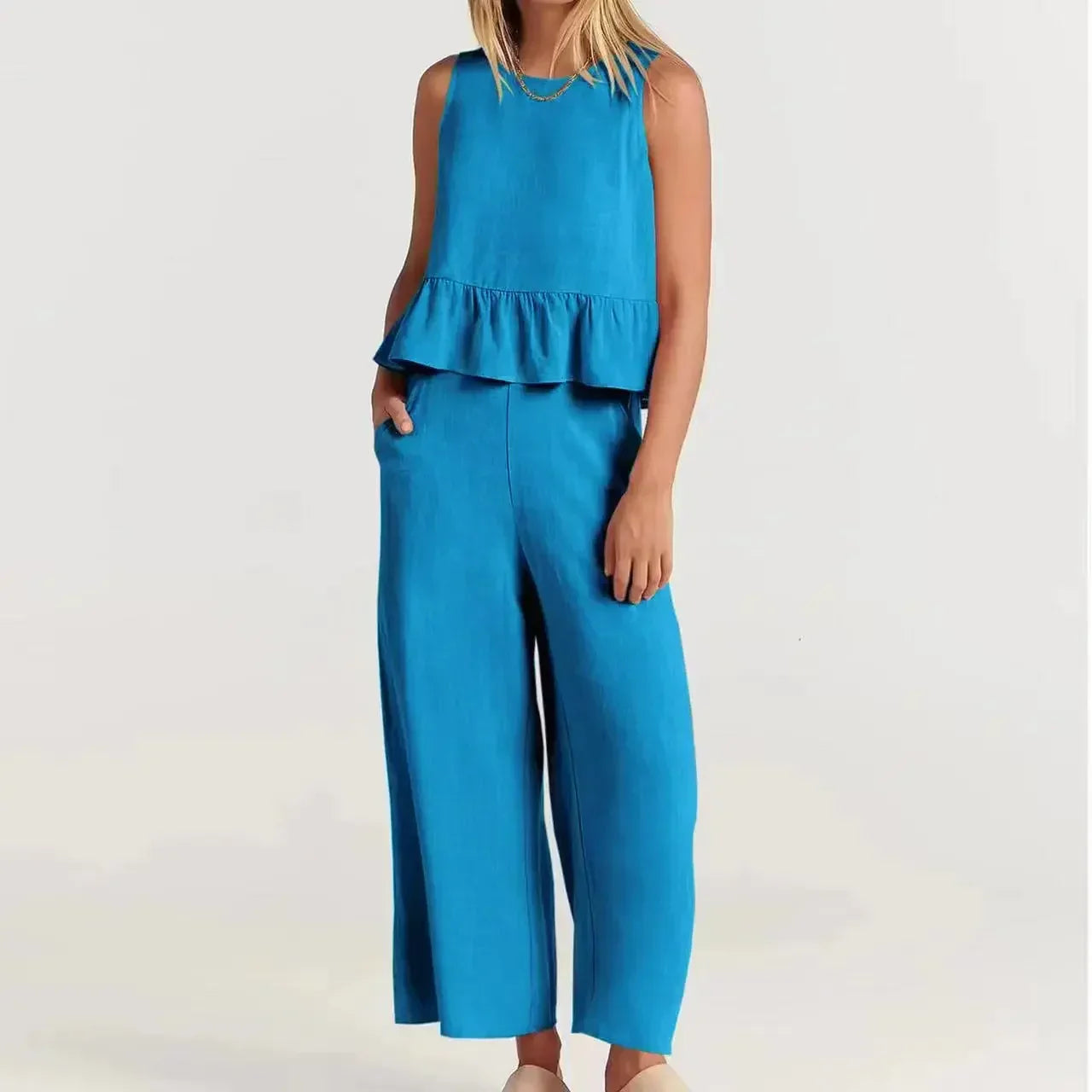 Conjunto Agatha™ Em Linho Misto com Babados / Minimalismo Elegante para Mulheres de Estilo!