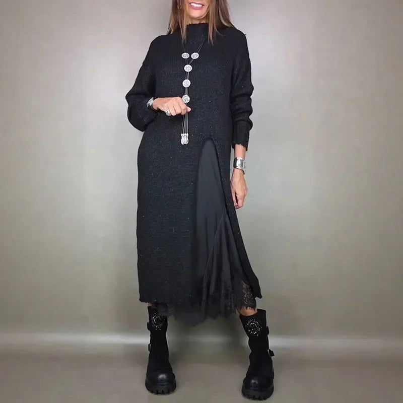 Conjunto Valérie™ de Vestido Acetinado com Babados e Sobreposição Longa com Fenda