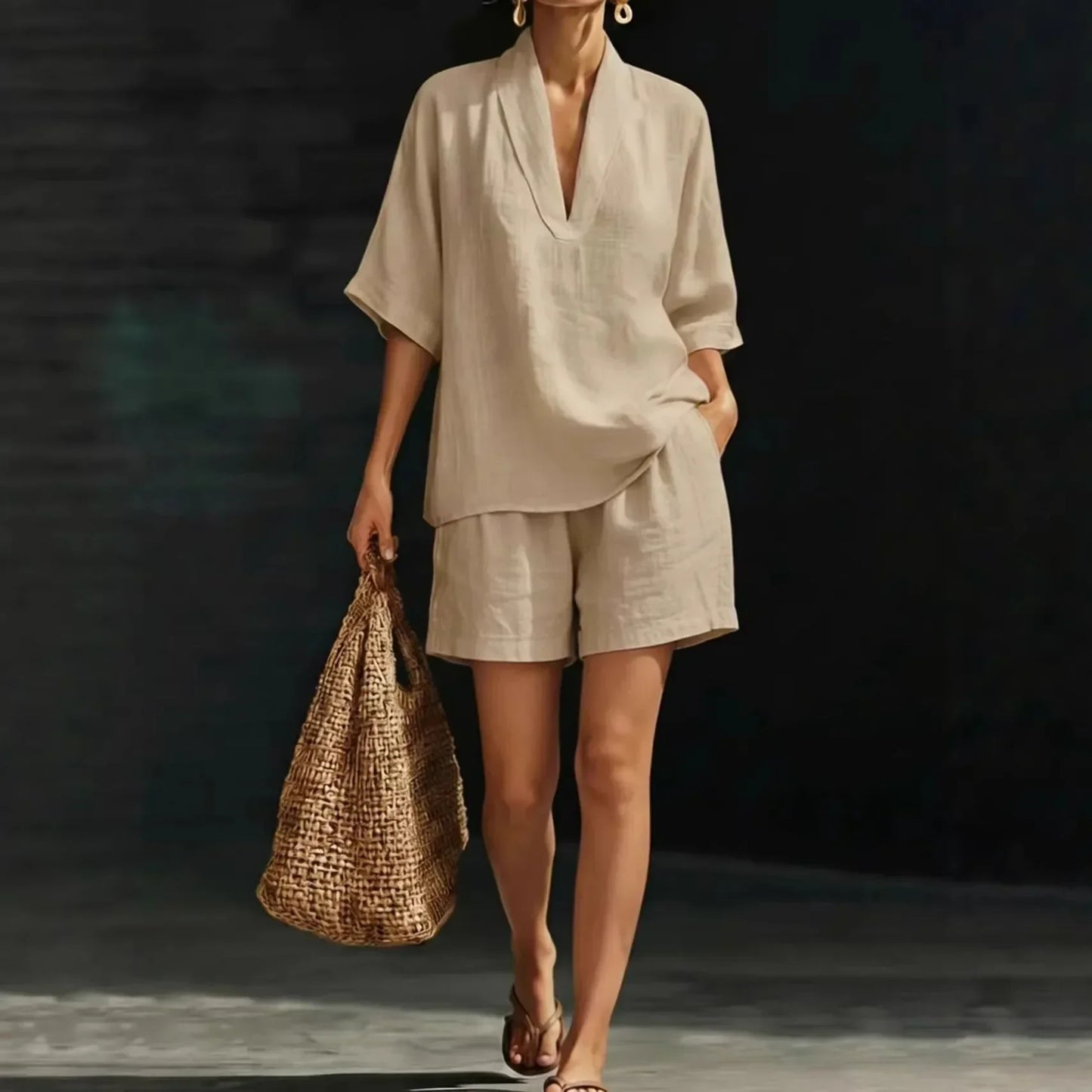 Conjunto Ayla™ em Linho de Algodão e Blusa com Decote V