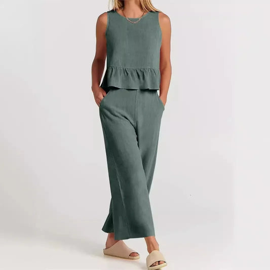 Conjunto Agatha™ Em Linho Misto com Babados / Minimalismo Elegante para Mulheres de Estilo!