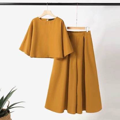 Conjunto Sofia™ com com Blusa Cropped Soltinha e Calça Saia de Cintura Alta