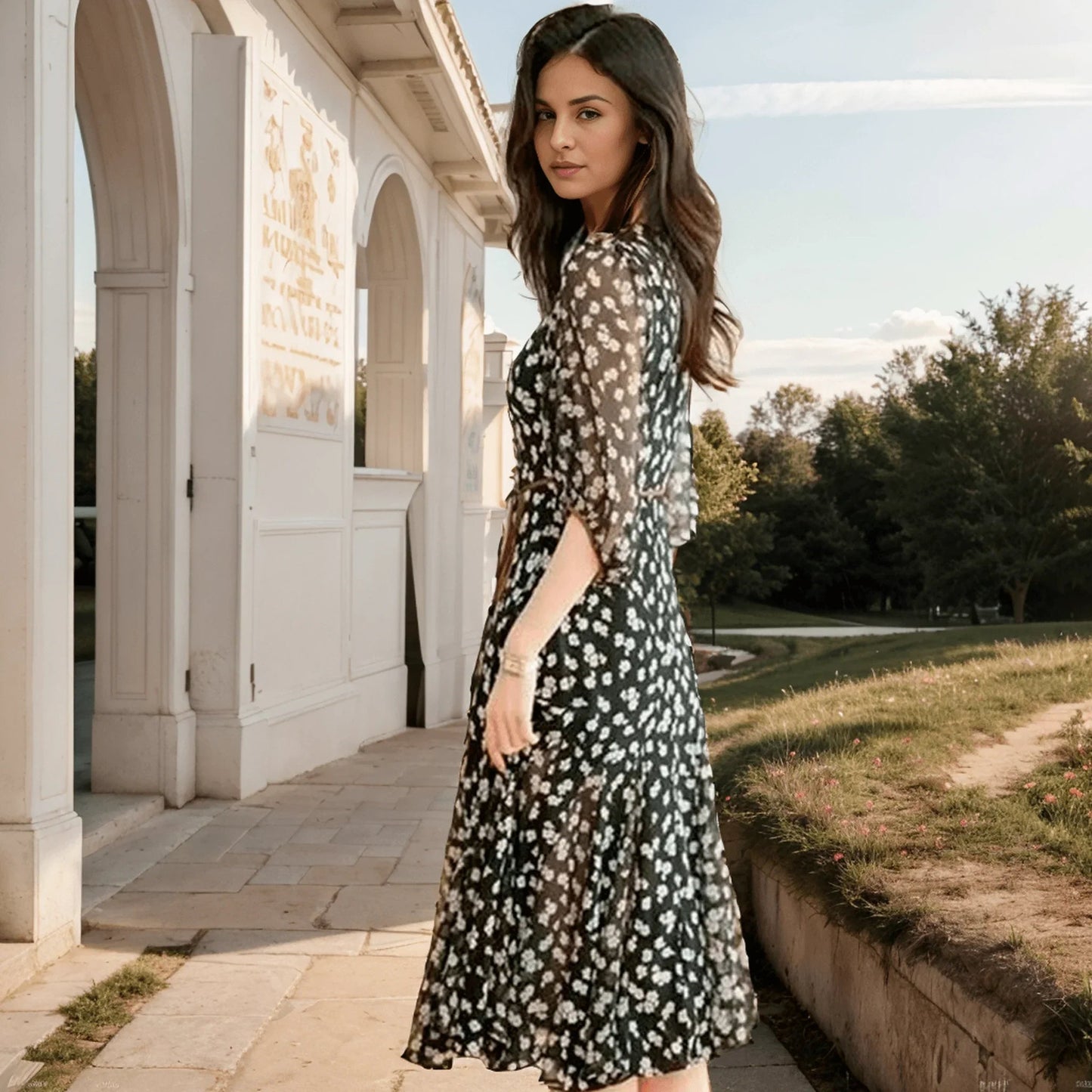 Vestido Parisienne™ com Estampa Floral Fina / O Toque de Charme e Delicadeza para Qualquer Ocasião!
