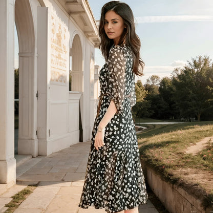Vestido Parisienne™ com Estampa Floral Fina / O Toque de Charme e Delicadeza para Qualquer Ocasião!