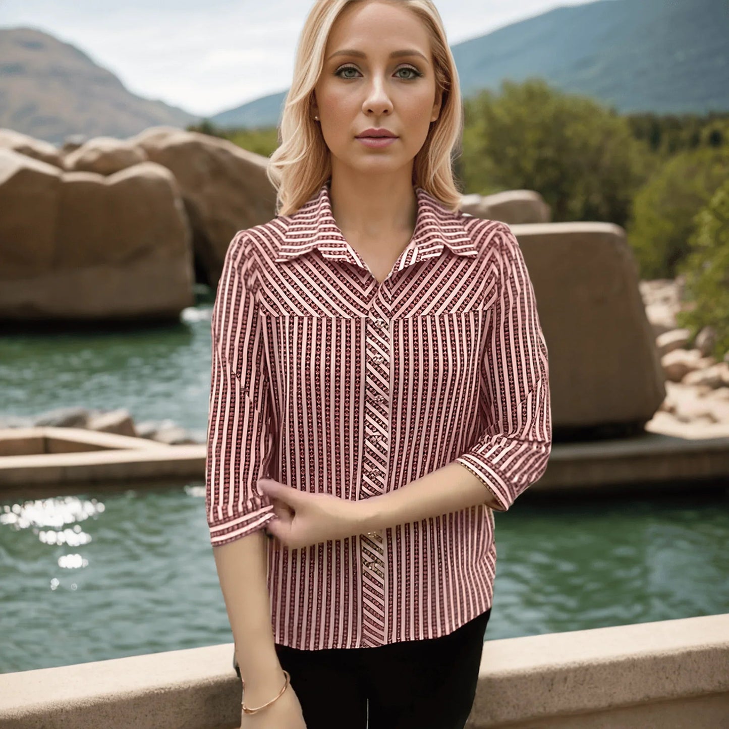 Camisa Listrada Lavínia™ em Chiffon Premium / Elegância e Conforto para Todas as Ocasiões!