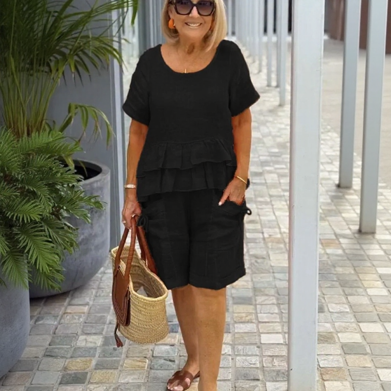 Conjunto Sorella™ Com Blusa De Babados Em Camadas E Bermuda Com Bolsos / Leveza Que Valoriza A Rotina