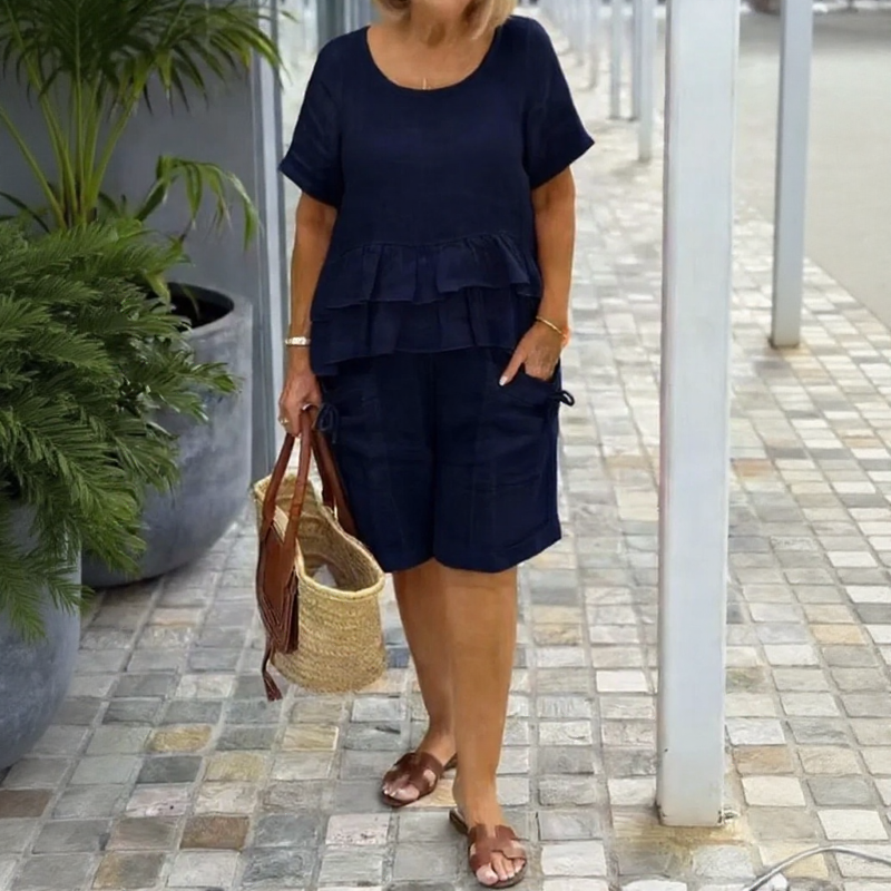 Conjunto Sorella™ Com Blusa De Babados Em Camadas E Bermuda Com Bolsos / Leveza Que Valoriza A Rotina