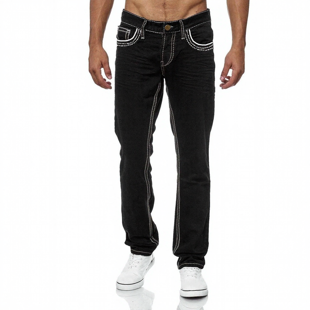 Calça Jeans Castelli™ Com Lavagem Estonada e Costuras Contrastantes / Presença Casual Com Atitude de Homem de Respeito