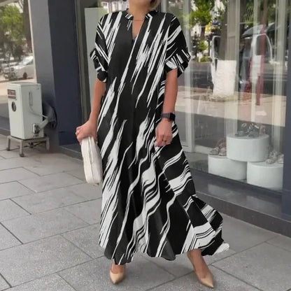 Vestido Olívia Moderna™ com Gola Camisa e Estampa Vertical / Charme Urbano com Leveza e Sofisticação!