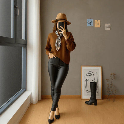 Calça Lunna™  Em Couro e Cintura Alta e Interior Térmico / Elegância e Conforto que se Moldam ao Seu Corpo!
