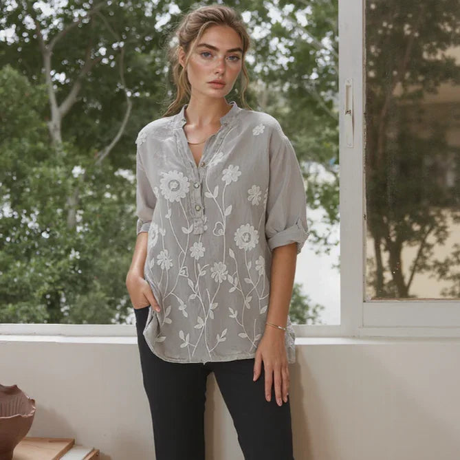 (Promoção: Compre 1, Leve 2) Camisa Raniero™ em Linho de Algodão com Bordados Florais  / A Peça Sofisticada que Transforma o Casual em Elegante!