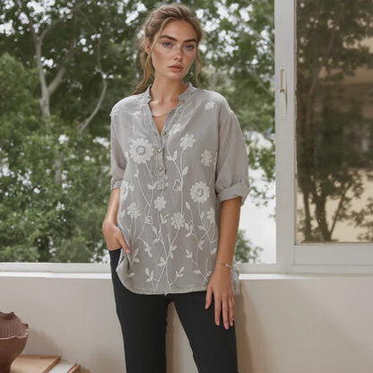 (Promoção: Compre 1, Leve 2) Camisa Raniero™ em Linho de Algodão com Bordados Florais  / A Peça Sofisticada que Transforma o Casual em Elegante!