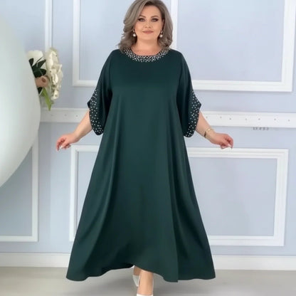 Vestido Helenna™ em Viscose com Pedrarias na Gola e Mangas / Elegância Clássica com Toque de Glamour para Todas as Ocasiões!