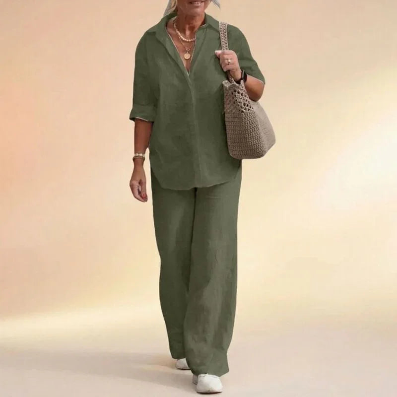 Conjunto Cartagena™ em Linho de Algodão e Blusa com Fendas Laterais
