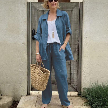 Conjunto Yasmine™ em Linho de Algodão e Camisa de Botões com Manga Ajustável