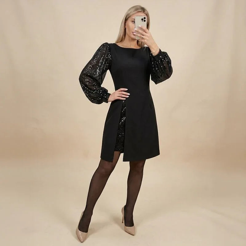 Vestido Midi Penélope™ com Mangas Bufantes Brilhantes e Fenda Elegante