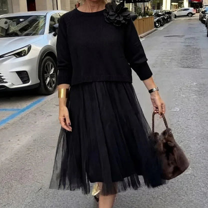Conjunto Yuna™ Vestido com Saia Plissada e Blusa Mangas 3/4